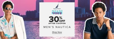 A man in a white and blue button down shirt with a white blazer over. Nautica Miami Vice. 30% off after coupon men's Nautica. Shop now. A man in a blue polo.