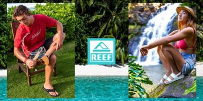 An image of a man wearing Reef. The Reef logo. An image of a young woman wearing Reef beside a waterfall.