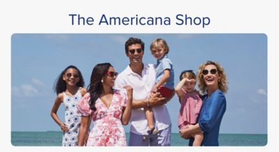 Image of a man, 2 women and 3 kids wearing clothes in red, white and blue. The Americana Shop.