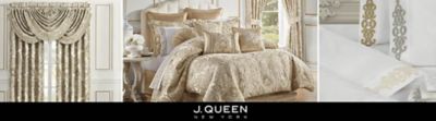 images of curtains, bedding and linen. J. Queen New York logo
