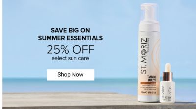 Image of multiple skin care products. Save big on summer essentials. 25% off select sun care. Shop now.