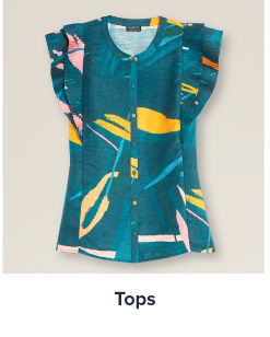 An image of a green abstract print blouse. Shop tops.