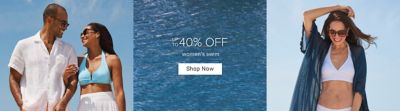 Image of a man wearing a white button down and a woman wearing a bright blue bikini and white shorts. Up to 40% off women's swim. Shop now. Image of a woman wearing a white bikini and blue shawl.