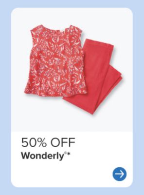A woman's red top and pants. 50% off Wonderly.