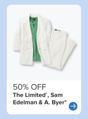 A white cardigan and pants with a green shirt. 50% off The Limited, Sam Edelman and A Byer.