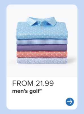 A stack of folded men's golf shirts. From 21.99 men's golf.