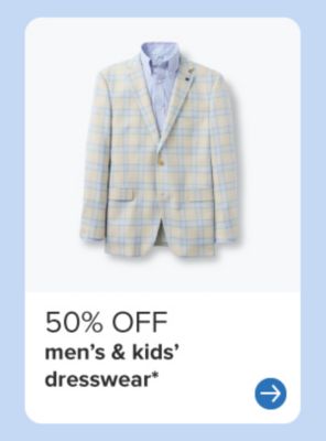 A men's plaid sport coat. 50% off men's and kids' dresswear.