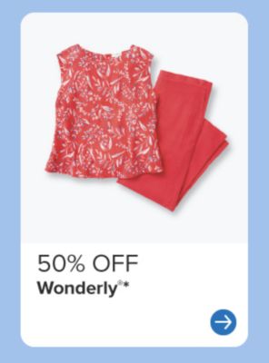 A woman's red top and pants. 50% off Wonderly.