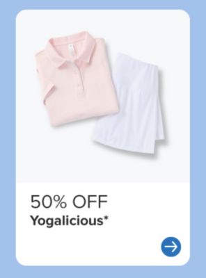A pink women's polo and white skirt. 50% off Yogalicious.