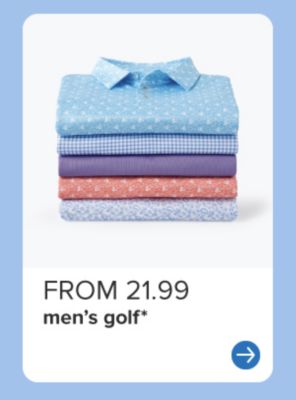 A stack of folded men's golf shirts. From 21.99 men's golf.