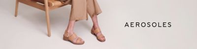 An image of a woman wearing Aerosoles sandals. The Aerosoles logo.