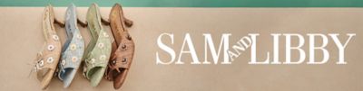 An image of four low heel slide sandals in a variety of colors. The Sam and Libby logo.
