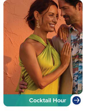 An image of a man and woman wearing dress apparel. Cocktail hour.