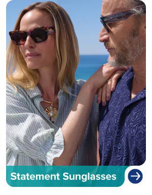 An image of a man and woman wearing sunglasses. Statement sunglasses.