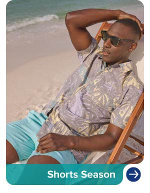 An image of a man wearing a button front shirt and blue shorts. Shorts season.