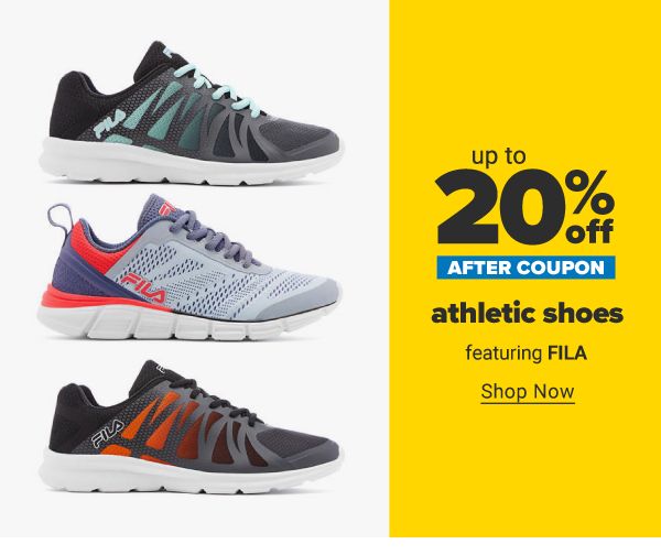 Up to 20% off athletic shoes after coupon, featuring FILA. Shop Now.
