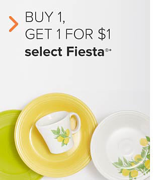 Yellow and green plates, and a white plate and mug with lemons on them. Buy one, get one for a dollar select Fiesta.