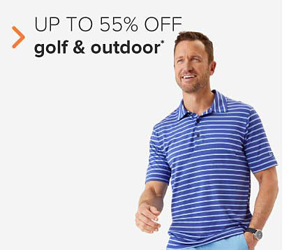 A man in a blue golf shirt with white straps. Up to 55% off golf and outdoor