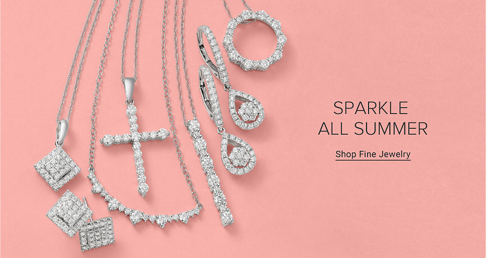 An image of diamond jewelry. Sparkle all summer. Shop fine jewelry.