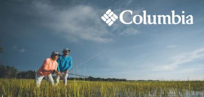 An image of people wearing Columbia apparel while fishing. The Columbia logo.