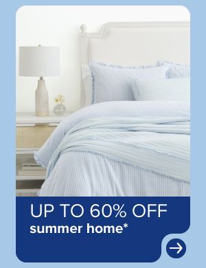 Image of a bed with bedding. Up to 60% off summer home.