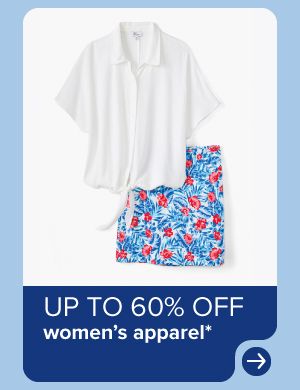 A women's top in white and a floral pair of shorts. Up to 60% off women's apparel.