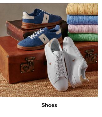 Blue and white pairs of Ralph Lauren shoes. Shoes.