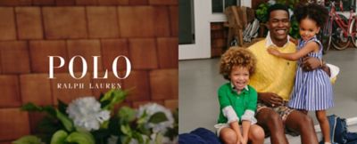 A father and his son and daughter sit on a porch together, all in Ralph Lauren clothing. The World of Ralph Lauren.