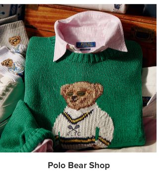 A green sweater with Ralph Lauren's Polo Bear on it. Polar Bear Shop.