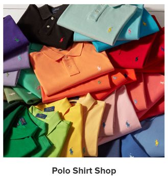An assortment of polo shirts in bright colors. Polo Shirt Shop.