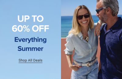 A collage of images featuring a variety of summer dress apparel, swimwear, sandals and accessories. Everything summer. Up to 60% off. Shop all deals.