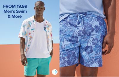 A collage of images featuring a variety of summer dress apparel, swimwear, sandals and accessories. Everything summer. From 19.99 men's swim and more.