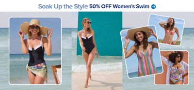 Soak up the style. 50% off women's swim. A collage of images featuring a woman wearing a swimsuit at the beach.