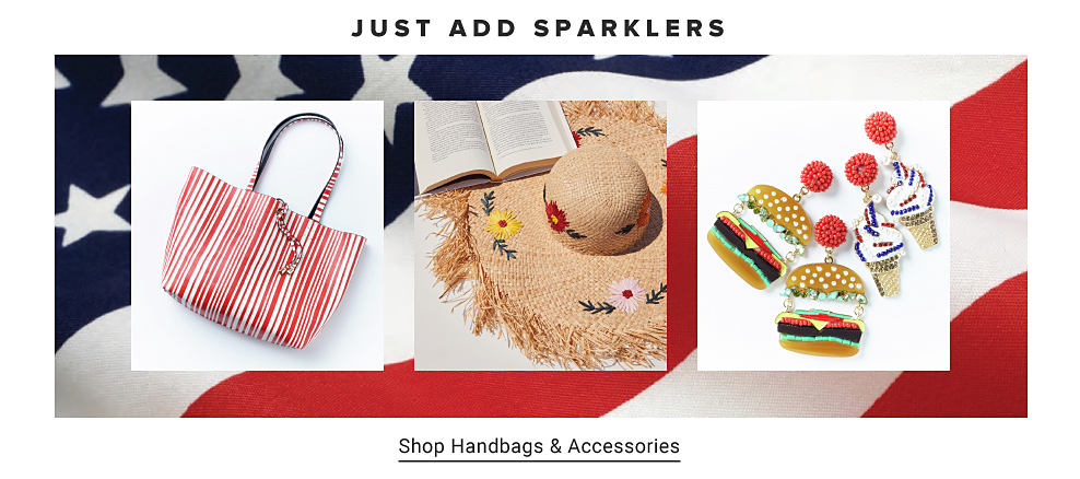 Just add sparklers. Red and white striped handbag. Woven sunhat with floral embroidery. Hamburger and ice cream cone shaped earrings. Shop handbags and accessories. 