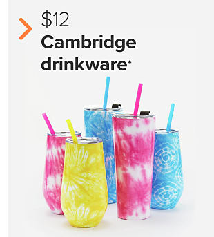 Tie dyed stainless steel drinkware in yellow, pink and blue. $12 Cambridge drinkware. 