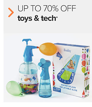 Water toys, including water balloons and a slip and slide. Up to 70% off toys and tech.