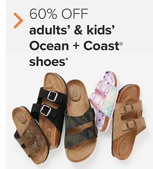A variety of sandals for women, men and kids. 60% off adults' and kids' Ocean and Coast shoes. 