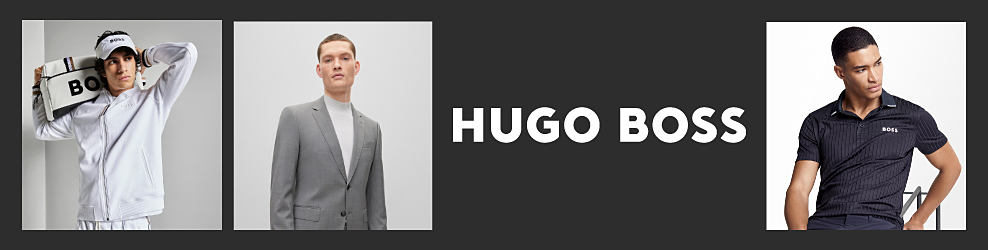 Image of a man in a track suit. Image of a man in a suit. Hugo Boss. Image of a man in a polo shirt.