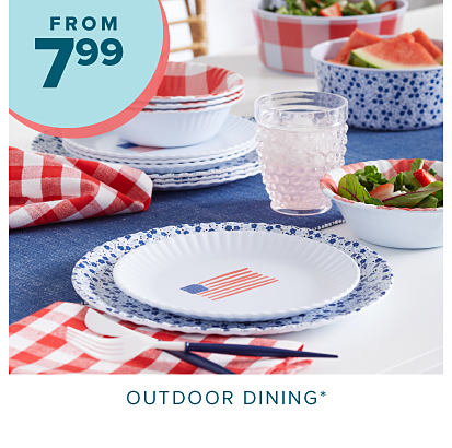 From 7.99 outdoor dining. Red and white blue plates and napkins on a table. 