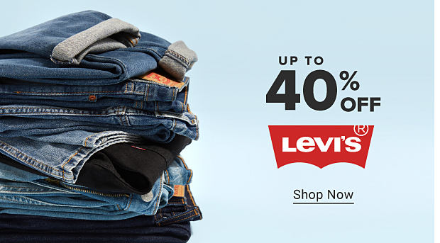 A stack of folded jeans. Levi's logo. Up to 40% off Levi's. Shop Now.