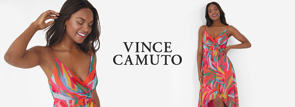 Two images of a woman posing in a colorful dress. Shop Vince Camuto.