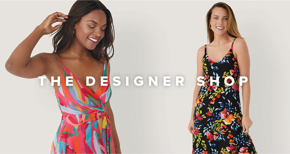 An image of a woman wearing a colorful abstract dress and another woman wearing a floral dress. The Designer Shop.