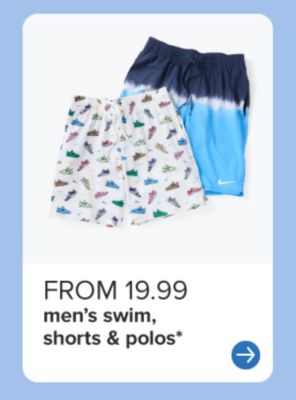Two pairs of men's swim trunks. From 19.99 men's swim, shorts and polos.
