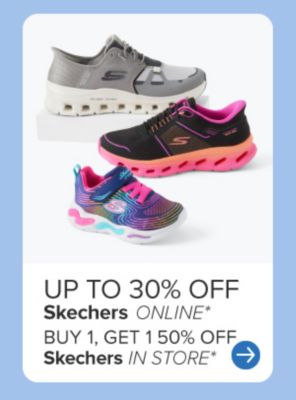 Three styles of Skechers shoes. 25% off Skechers online, buy one get one 50% off Skechers in store.