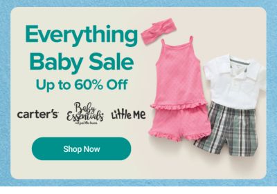 An assortment of baby clothing and accessories. Everything baby sale. Up to 60% off Carter's, Baby Essentials, Little Me and more. Shop now.