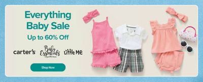 An assortment of baby clothing and accessories. Everything baby sale. Up to 60% off Carter's, Baby Essentials, Little Me and more. Shop now.