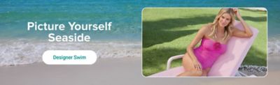 An image of the ocean and an image of a woman wearing a swimsuit on a lounge chair. Picture Yourself Seaside. Designer swim.