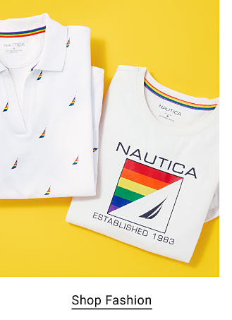 White Nautica shirt with rainbow design. Shop fashion 