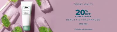Image of a skincare product surrounded by popsicles. Today only. 20% off beauty and fragrances. Shop now. Excludes sale purchases. 