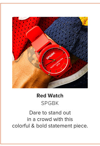 Image of a bright red watch. Red Watch SPGBK Dare to stand out in a crowd with this colorful & bold statement piece. Image of orange and green shorts
